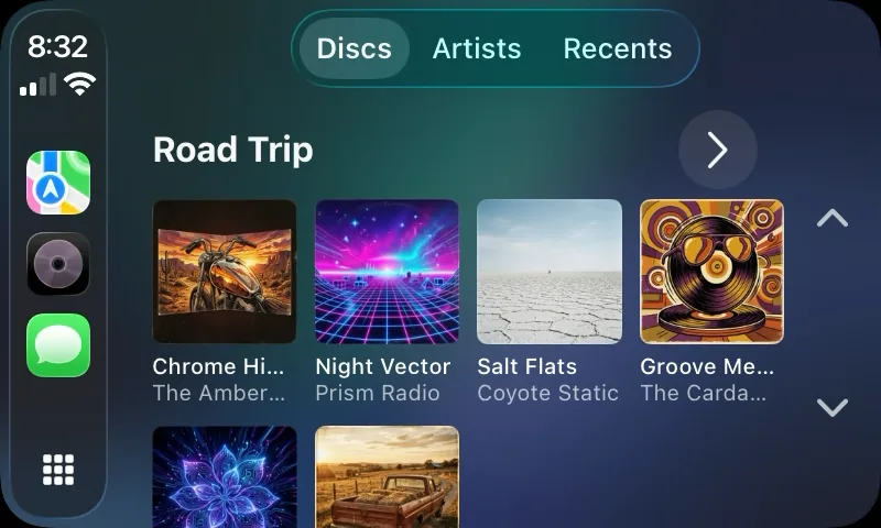 A CarPlay screen showing six album covers in a grid under the heading Road Trip