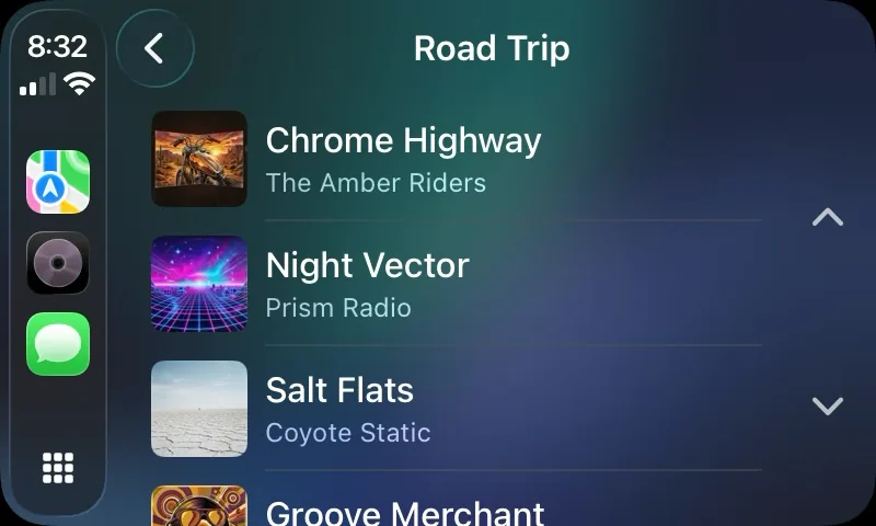 CarPlay list of the six albums in the Road Trip magazine