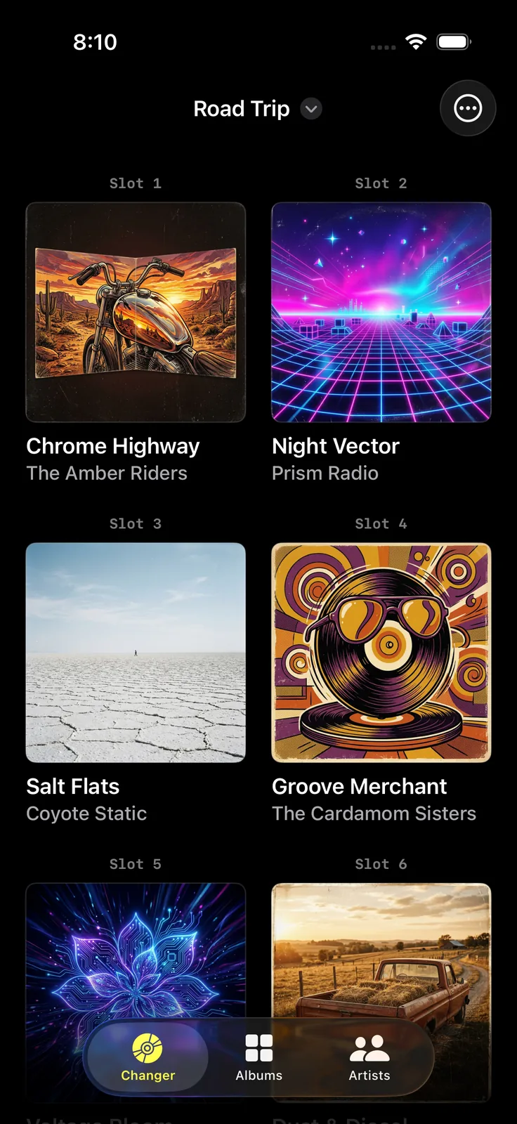 The iPhone changer screen showing six numbered slots, each filled with an album cover