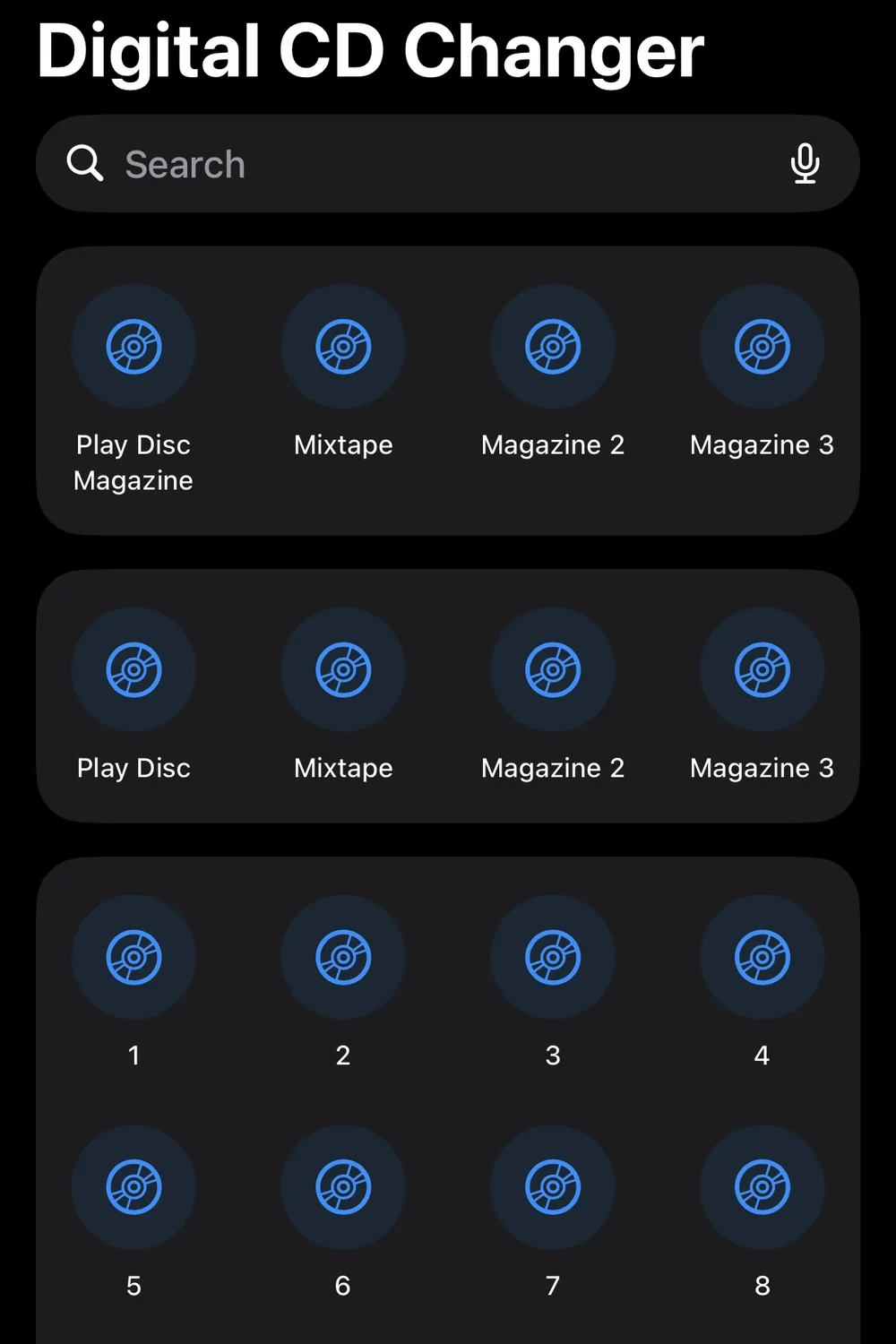The Shortcuts app showing CD Changer actions for three named magazines and a grid of numbered discs