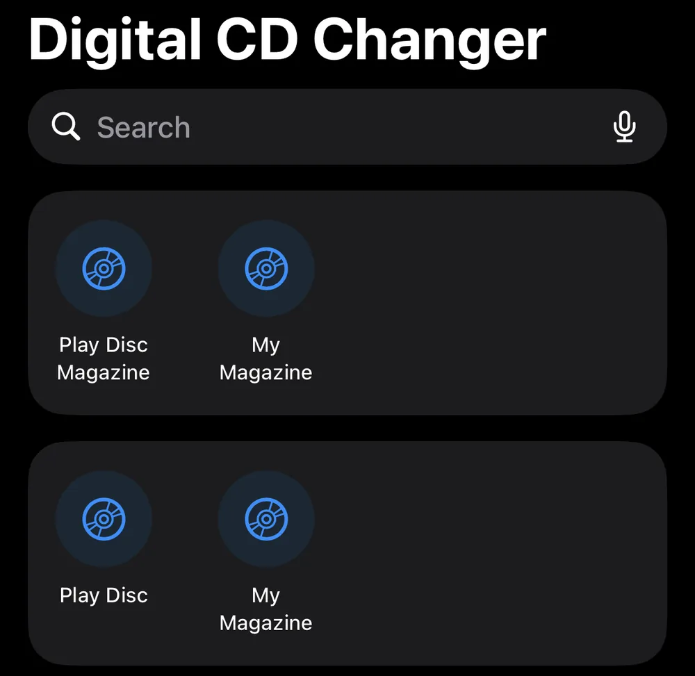 The Shortcuts app showing two CD Changer actions, both pointing at a magazine called My Magazine