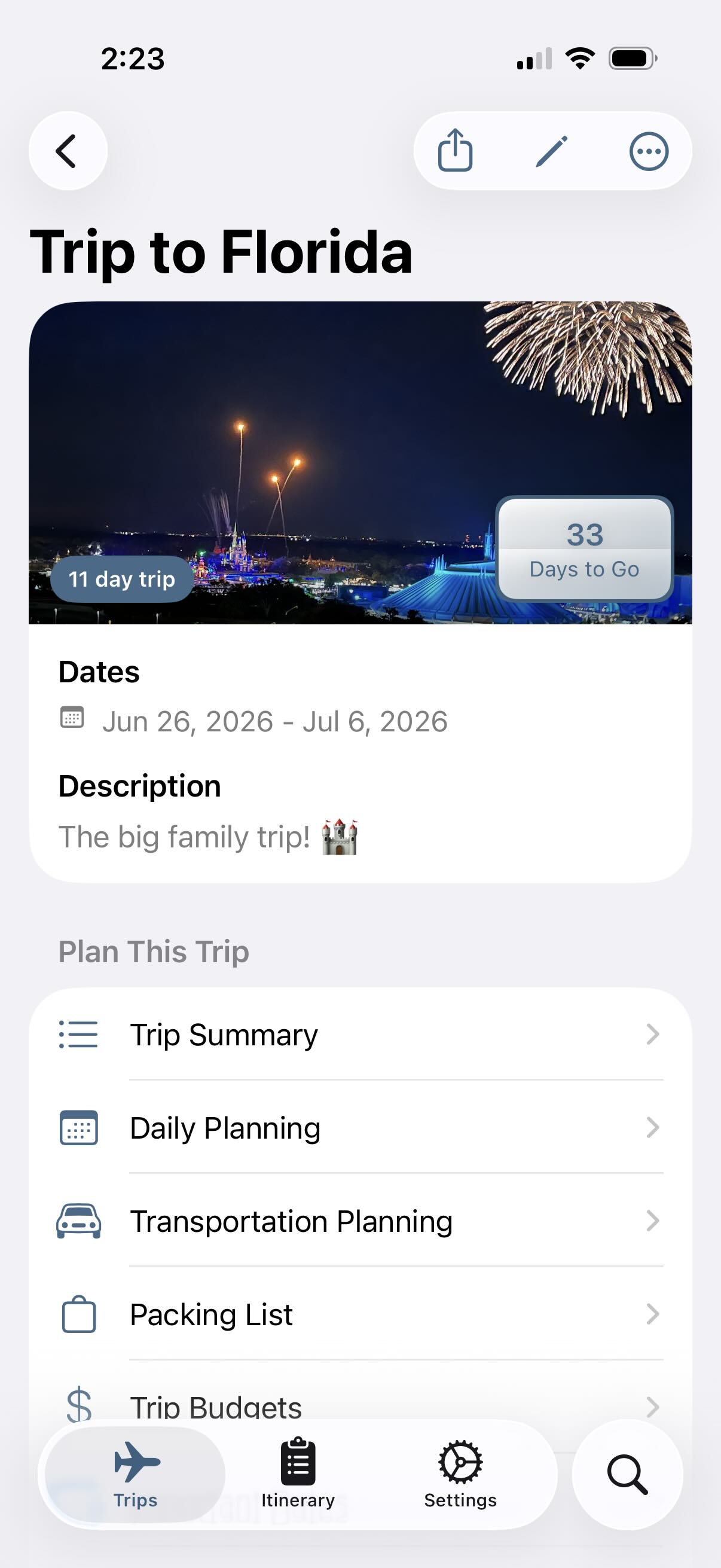 Pocket Trip Planner trip list