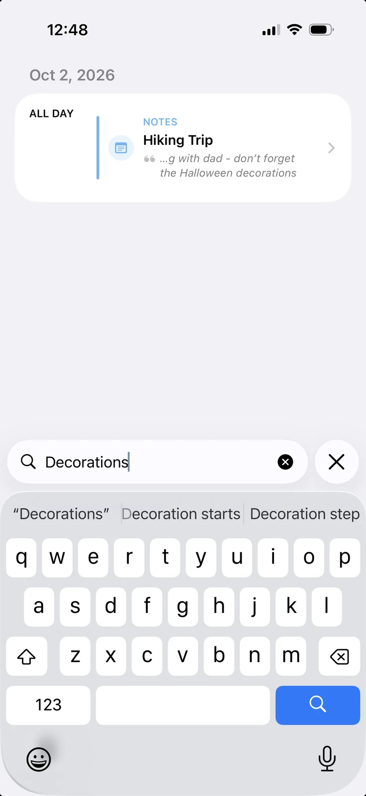 Search results for Decorations showing a NOTES row for Hiking Trip with the matching line from the note underneath