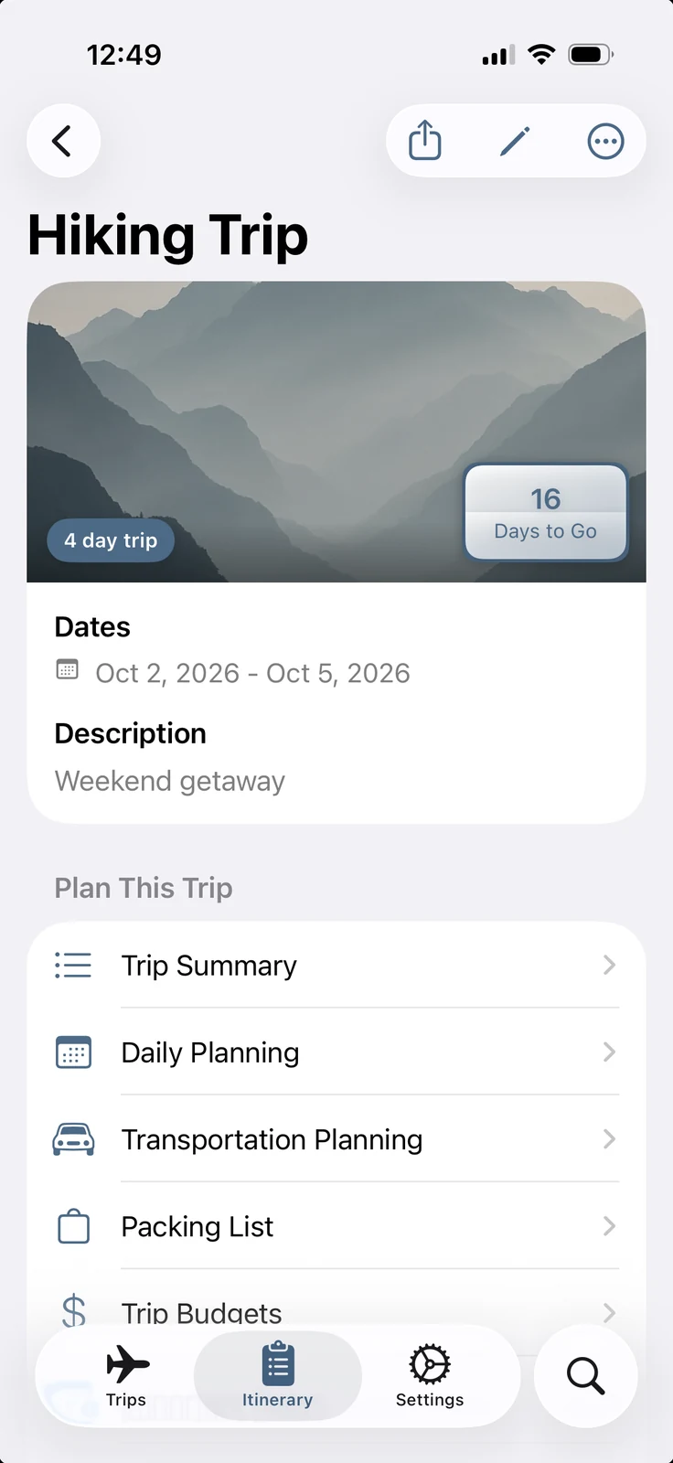 The Hiking Trip screen showing the dates, the description and the Plan This Trip list